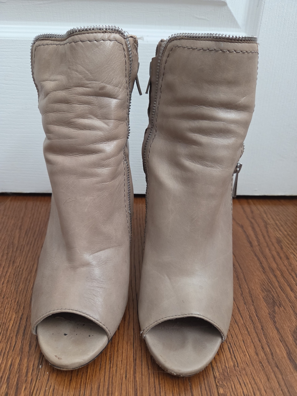 Vince Camuto Taupe Leather Peep-Toe Ankle Booties